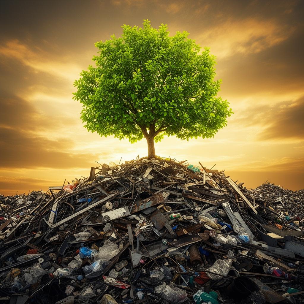 Árvore crescendo sobre uma pilha de sucata, simbolizando a reciclagem