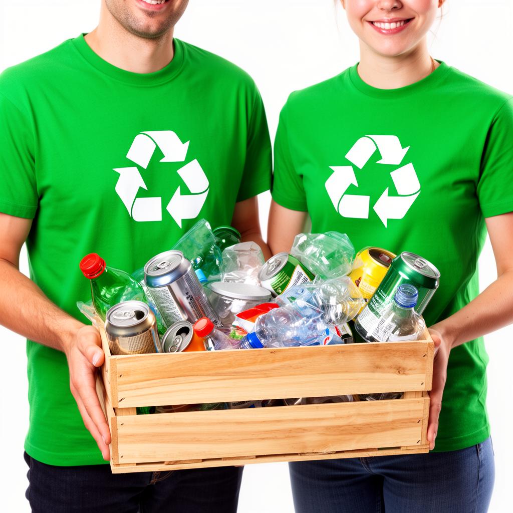 Pessoas com camisetas verdes segurando caixa de materiais recicláveis